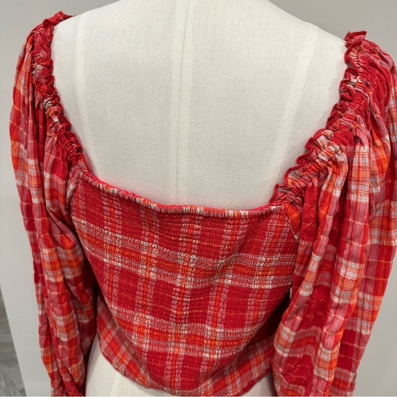 FREE PEOPLE Cherry Bomb Madrass Plaid Top in Red Hot Size Large New - Picture 7 of 14